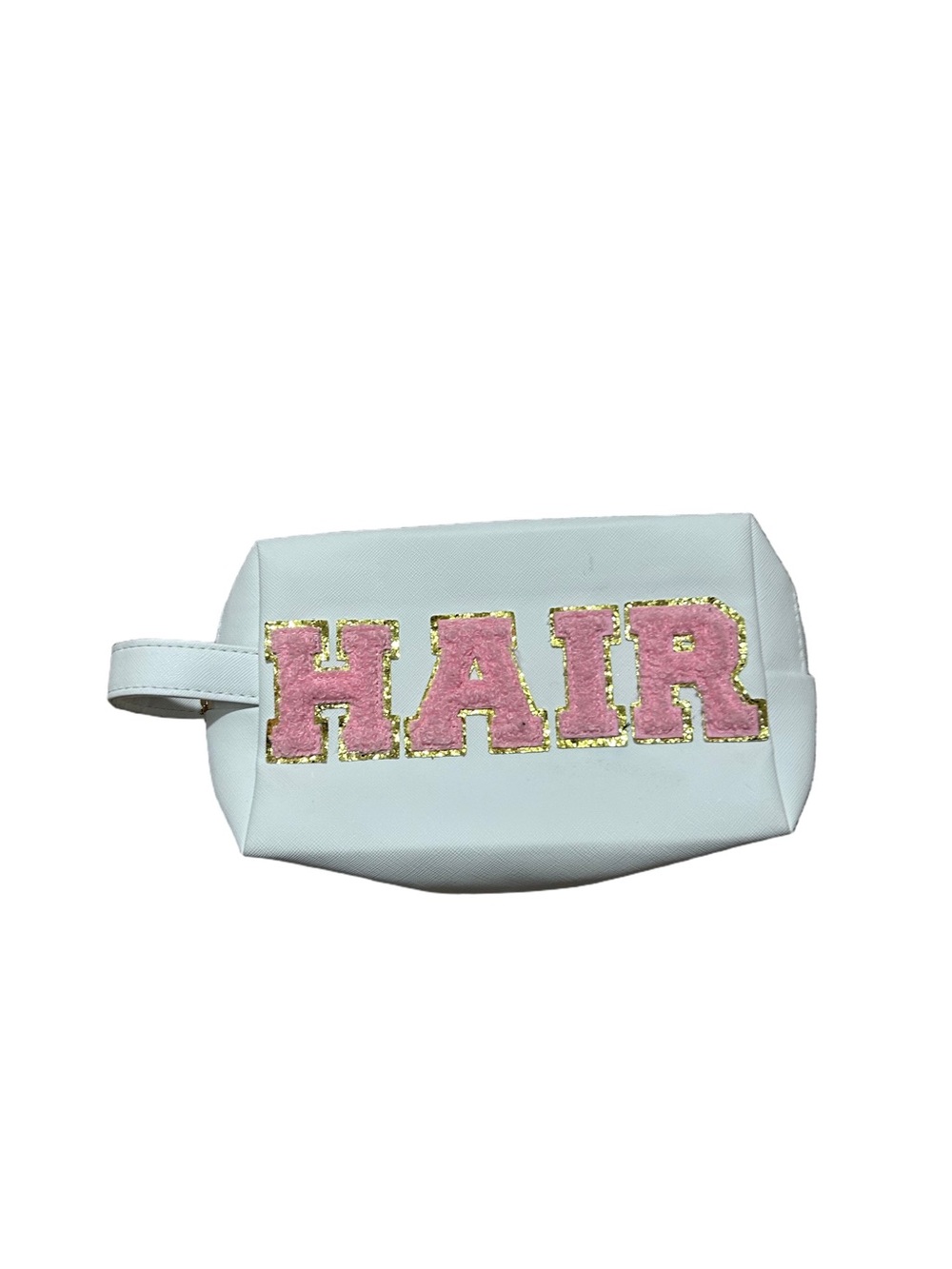 White Hair Travel Pouch with Pink Lettering
